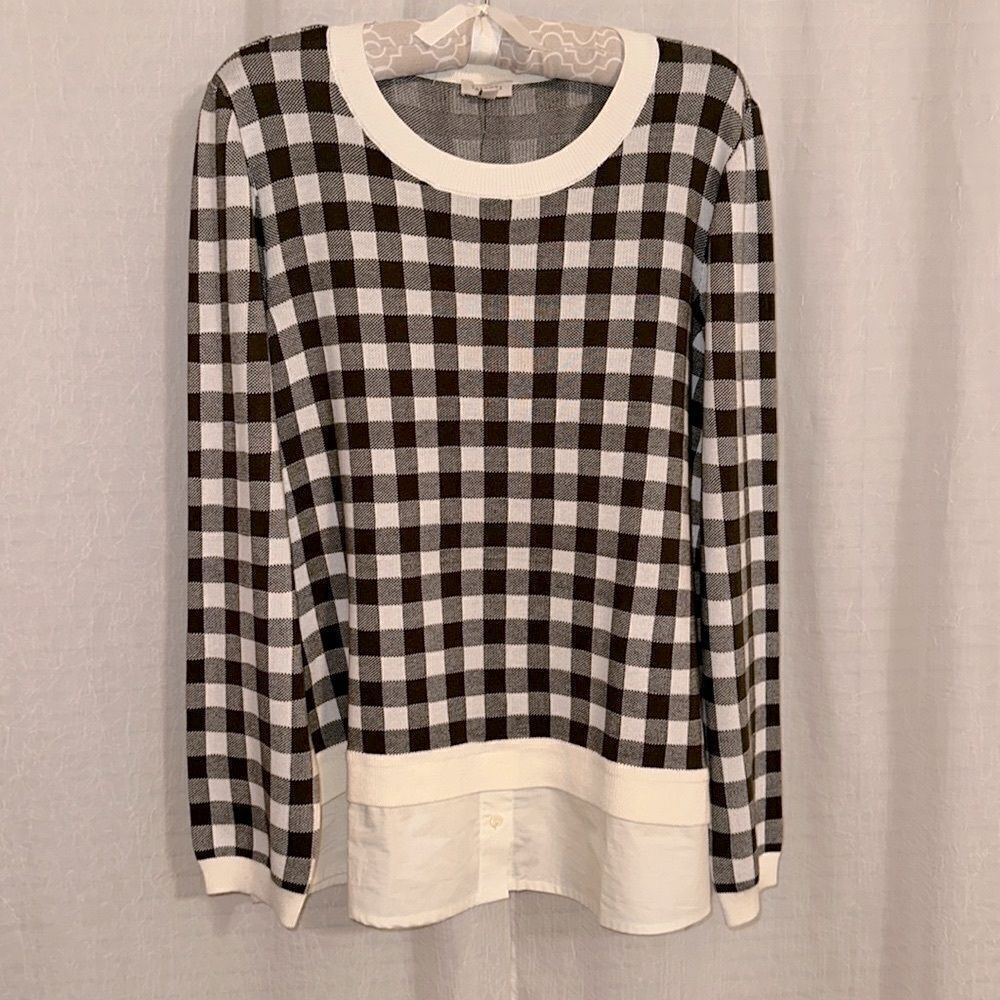 Talbots L Ivory Camo Olive Green Gingham Plaid Knit Shirt Hem Crew Sweater